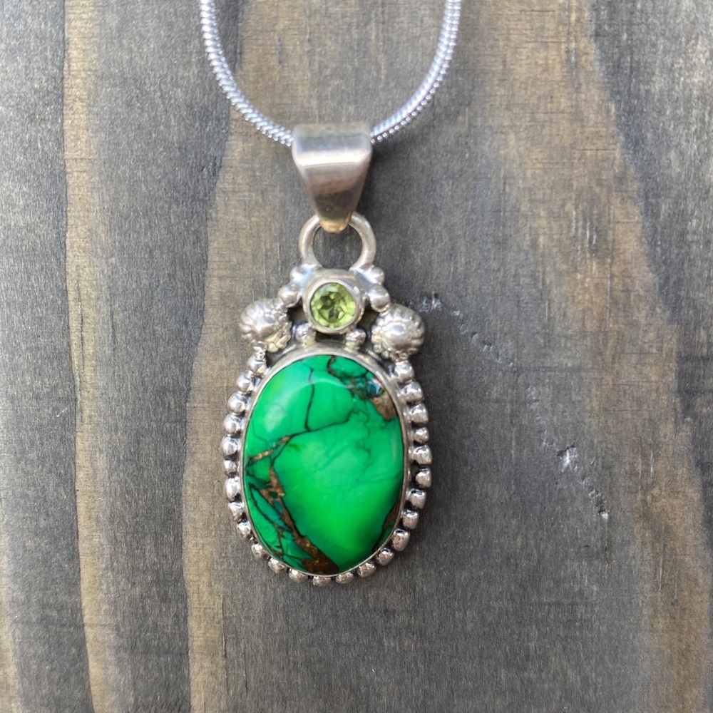 Green Copper Turquoise Pendant 925 Silver